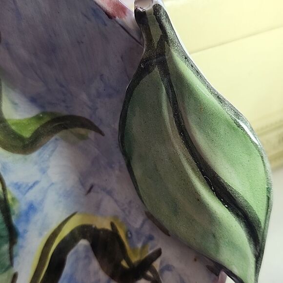 Handpainted Art Pottery Dish with Leaf Handles and Tropical Birds - Picture 6 of 9